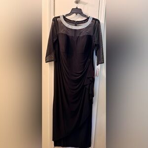 Alex Evenings Black Side Ruched Long Dress 18W with Embellished Silver Neckline